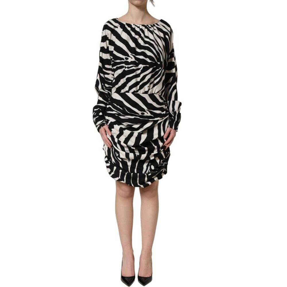 Dolce & Gabbana Black White Zebra Ruched Silk Mini Women's Dress